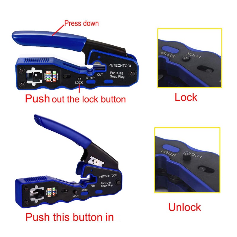 PETECHTOOL RJ45 Crimp Tool Pass Through Crimper Cutter for Cat6a Cat6 Cat5 Cat5e 8P8C Modular Connector Ethernet Crimper Tool - Image 3